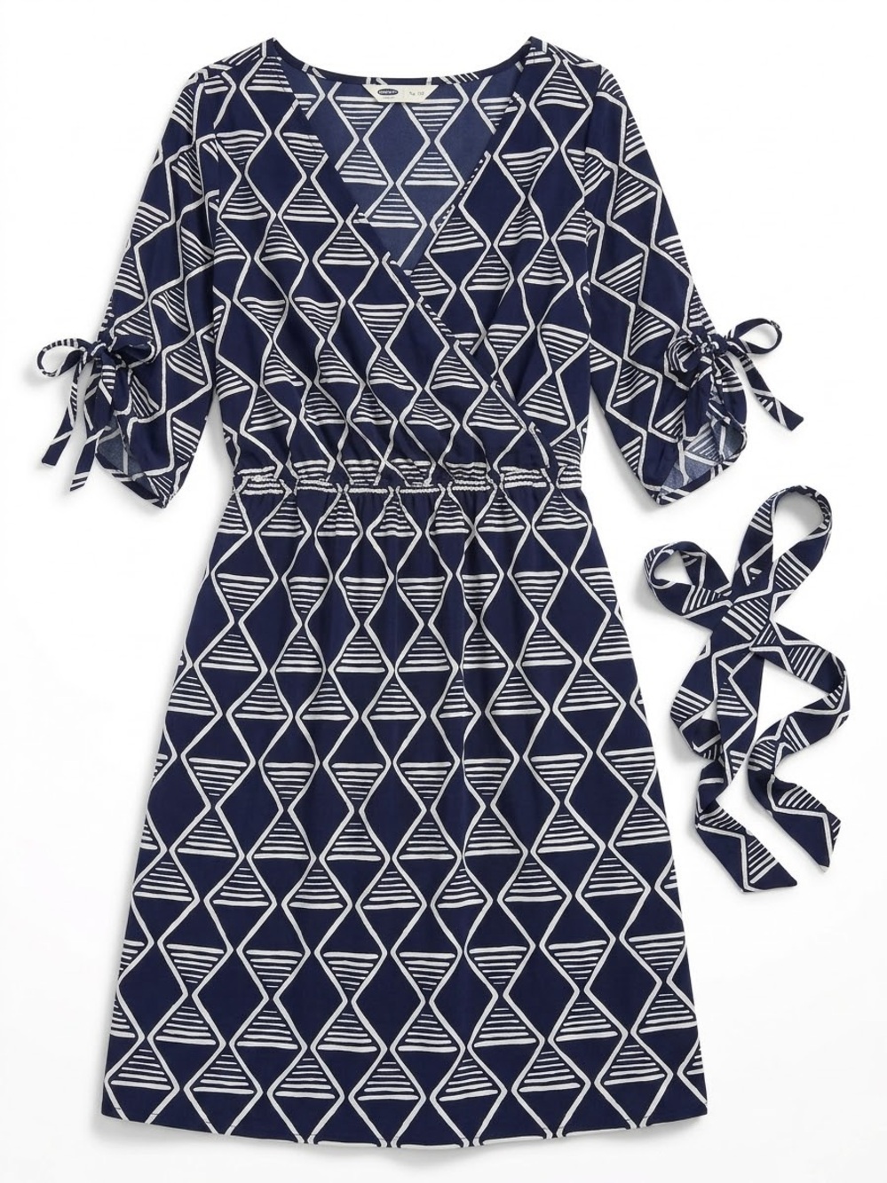 OLD NAVY Navy Blue Geometric Faux Wrap Dress w/ Tie Sleeves & Belt - Medium